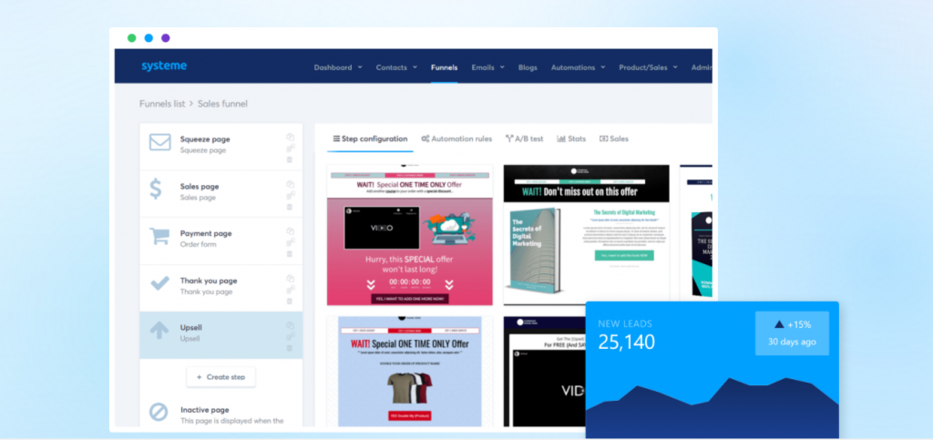 Systeme.io funnel builder page showing some of the templates available